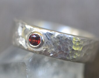 Men's Wedding Ring with Garnet, Simple Hammered Sterling Silver Band, Inset Tiny 3mm Gemstone, Customized Engagement Band