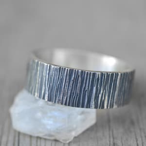 Blackened Wedding Band For Men, 8mm Wide Hammered Tree Bark Ring, Oxidised Silver, Personalised Inscription, Flat Band