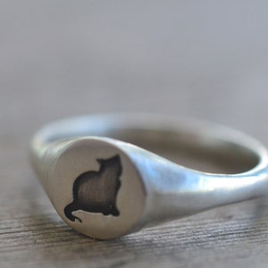 Silver Signet Ring, Oxidised 925 Sterling Cat Silhouette, Brushed Finish, Minimalist Animal Jewellery