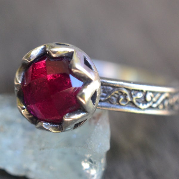Ruby Engagement Ring, Renaissance Style Oxidised Silver Ring, Custom Engraved Fern Pattern Band, 8mm Lab Created Ruby Jewelry