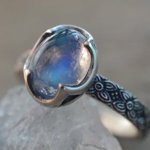 Rainbow Moonstone Ring, Natural Crystal, Gothic Oxidised 925 Silver Victorian Style Poesy Flower Band, Gift for Her, Cocktail Jewellery