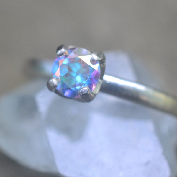 Mercury Mist Topaz Ring, 5mm Iridescent Mystic Topaz Solitaire, Simple Dainty Sterling Silver Jewelry