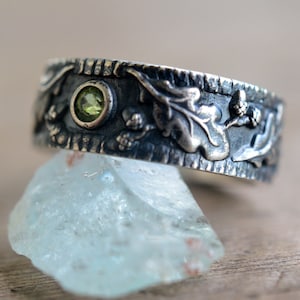 Aliança de casamento peridoto, folha de carvalho de prata esterlina oxidada masculina e anel de bolota, pedra verde natural, joias druidas pagãs