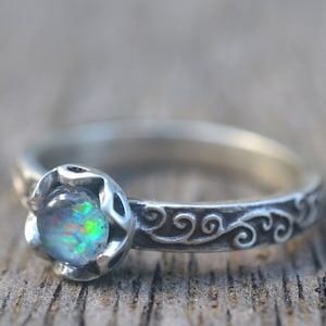 Gothic Opal Ring, Bezel Set Australian Opal Triplet, Oxidised Silver Spiral Band, Women's Ethical Recycled Sterling Jewellery