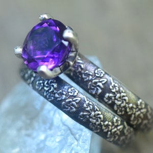 Amethyst Bridal Set, Gothic Engagement Ring, Womens Oxidised Silver Cherry Blossom Wedding Band