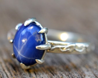 Blue Star Sapphire Ring, Recycled 925 Sterling Silver Art Nouveau Style Vine Leaf Pattern Band, Lab Created Stone
