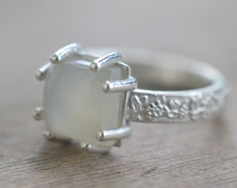 White Moonstone Ring, 8mm Square Cut Stone, 925 Sterling Silver Rosebush Band, Natural Crystal Jewellery