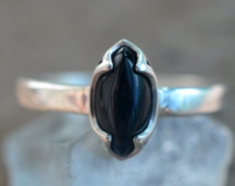 Black Onyx Ring, Marquise Cut Natural Stone, Womens Personalised Simple Sterling Silver Statement Jewelry