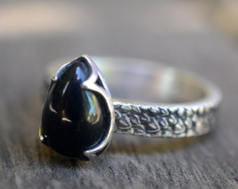 Gothic Black Onyx Ring, Oxidised Silver Dragon Scale Band, Teardrop Natural Crystal, Personalised Maximalist Jewellery