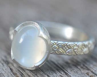 White Moonstone Ring, Natural White Stone, Carved Silver Victorian Style Poesy Floral Band, Gift for Her, Cocktail Jewellery