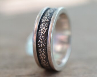 Mens Cherry Blossom Wedding Ring, Oxidised 925 Silver Floral Band, Personalised Male Marriage Jewellery