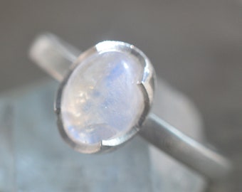 Rainbow Moonstone Ring, Bezel Set 8x6mm Oval Crystal, Personalised Recycled 925 Sterling Silver Jewelry, Gemstone Stacking Rings