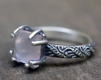 Rose Quartz Ring, Pink Crystal Point Gemstone, Gothic Oxidised 925 Silver Baroque Band, Witchy Jewellery