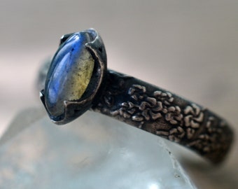 Gothic Labradorite Ring, Oxidised Silver Cherry Blossom Band, Natural Blue Flash Marquise Cut Stone, Womens Statement Jewellery