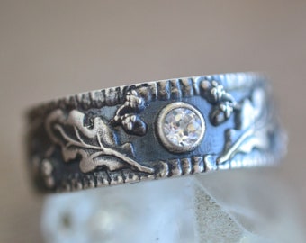 Druid Wedding Band with Tiny White Zircon Stone, Mens Oxidised Silver Oak Leaf & Acorn Ring, Nature Jewellery