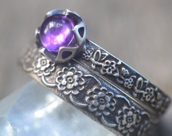 Amethyst Stacking Set, Rose Leaf Pattern, Natural Purple Crystal Ring, Womens Gothic Wildflower Wedding Band