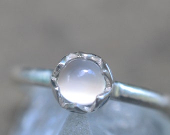 5mm White Moonstone Ring, Sterling Silver Bezel Set Crystal, Natural Round Stone, Personalised 925 Promise & Stacking Jewelry