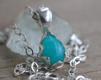 Amazonite Necklace, 10mm x 7mm Tiny Teardrop Blue Green Feldspar Crystal, Dainty Sterling Silver Bezel & Chain, Gift for Her