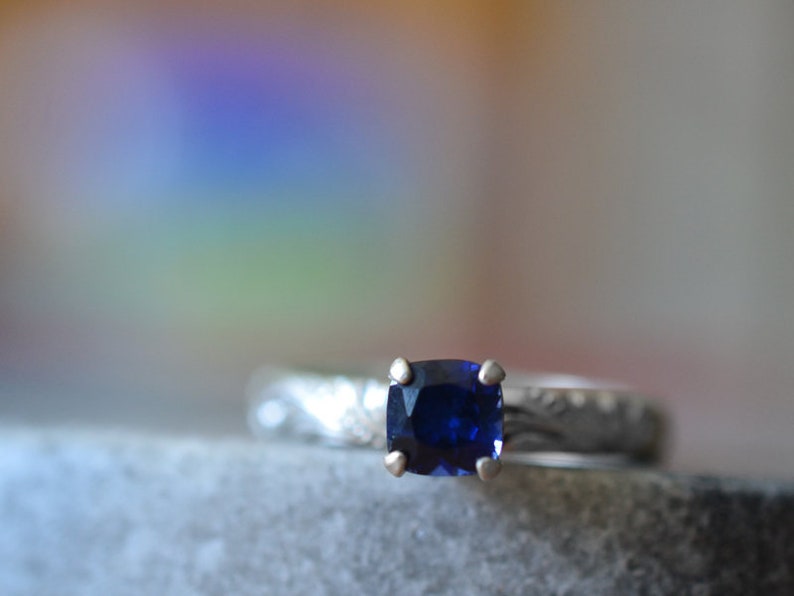 Cushion Cut Blue Gemstone Solitaire Swirl Pattern Sterling Silver Band Personalized Lab Sapphire Jewelry Baroque Sapphire Engagement Ring