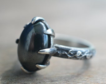 Gothic Haematite Ring, Oxidised Silver Art Nouveau Style Vine Leaf Band, Large Black Crystal, Womens Cocktail Jewellery