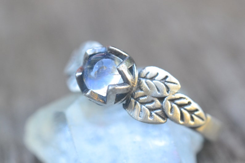 Dainty Rainbow Moonstone Silver Leaf Ring