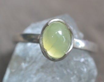 Prehnite Ring, Bezel Set 8x6mm Oval Cloudy Green Crystal, Simple Minimalist Recycled 925 Sterling Silver Statement Jewellery