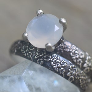 Moonstone Bridal Set, White Crystal Engagement Ring, Personalised Gothic Floral Wedding Band for Women