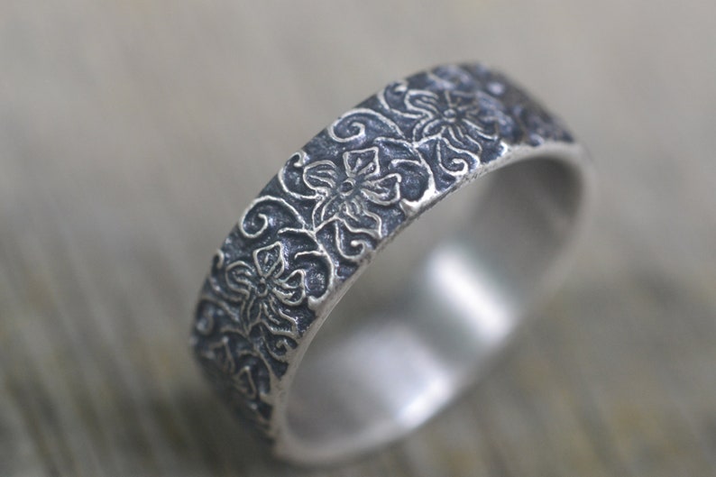 Men's Hibiscus Wedding Band, Gothic Oxidized Sterling Silver Art Nouveau Style Flower Ring, Engraved Floral Patterned Male Jewelry image 4