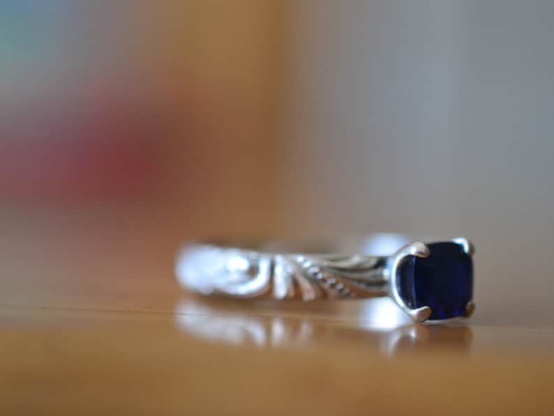 Cushion Cut Blue Gemstone Solitaire Swirl Pattern Sterling Silver Band Personalized Lab Sapphire Jewelry Baroque Sapphire Engagement Ring
