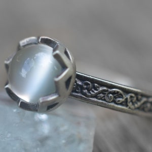 White Moonstone Engagement Ring, Custom Made Oxidised Silver Renaissance Fern Band, Engraved Natural Crystal Jewelry