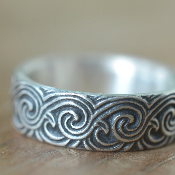 Mens Wave Wedding Band, Oxidised Sterling Silver Ocean Ring, Unique Personalised Engraved Nature Jewelry