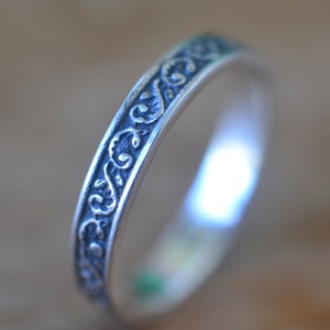 Oxidized Silver Wedding Ring, Narrow Promise Ring for Men or Women, Custom Engraved Leaf Pattern Wedding Band, Engagement Band or Stack Ring