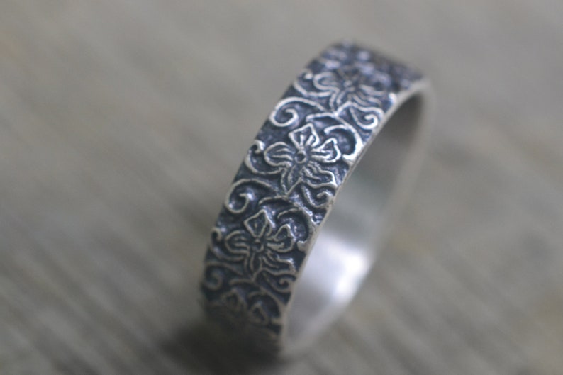 Men's Hibiscus Wedding Band, Gothic Oxidized Sterling Silver Art Nouveau Style Flower Ring, Engraved Floral Patterned Male Jewelry image 5