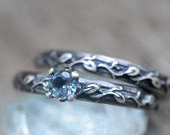 Sky Blue Topaz Bridal Set, Gothic Oxidised Silver Vine Leaf Wedding Band, Womens Elven Style Engagement Ring