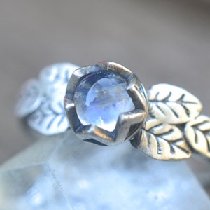 5mm Rainbow Moonstone Six Leaf Ring in Silver