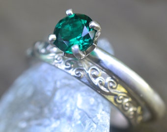 Emerald Bridal Set, Crystal Engagement Ring, Womens Sterling Silver Spiral Wedding Band