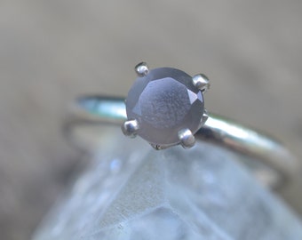 Grey Moonstone Ring, 6mm Faceted Natural Smoky Crystal, Smooth Domed Silver Band, Unusual Gemstone Jewellery