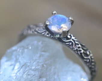 Rainbow Moonstone Engagement Ring, Natural Blue Flash Crystal Solitaire, Oxidised Silver Baroque Style Jewelry