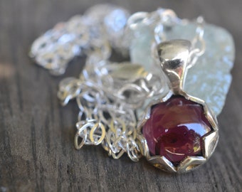 10mm Garnet Pendant, Natural Stone Jewelry, 925 Sterling Silver Crown Bezel Necklace, Cable Chain, Gift for Her