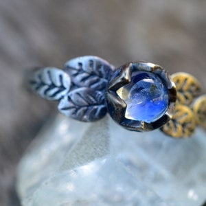 925 Silver Rainbow Moonstone Rose Leaf Ring