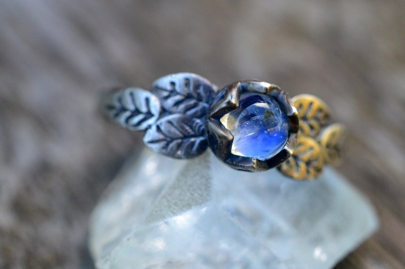 925 Silver Rainbow Moonstone Rose Leaf Ring