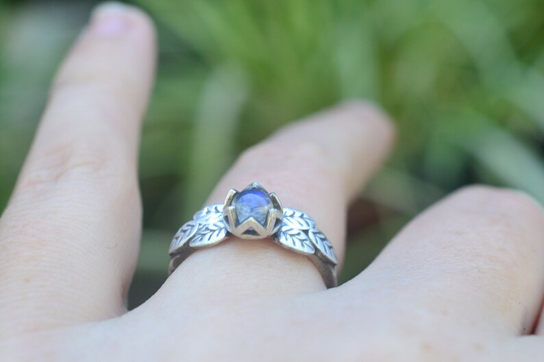 Bezel Set Moonstone & Silver Leaf Cluster Ring