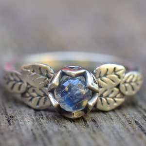 Rose Leaf Cluster Ring With Rainbow Moonstone