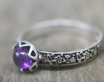 Amethyst Promise Ring, 5mm Natural Purple Stone, Gothic Oxidised Sterling Silver Rose Leaf Band, Poesy Jewellery