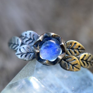 Rainbow Moonstone Rose Leaf Ring in Silver