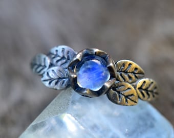 Rainbow Moonstone Ring, 5mm Natural Crystal, Gothic Oxidised 925 Sterling Silver Leaf Jewellery