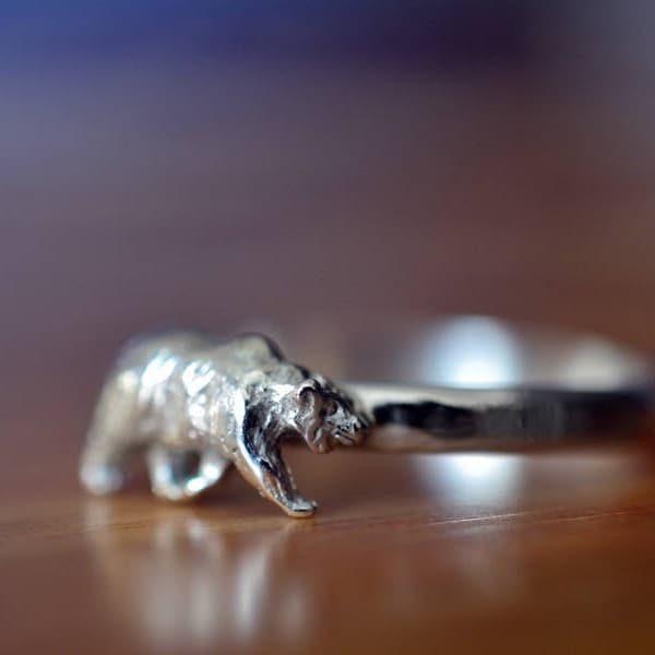 Silver Bear Ring, Polar Bear Grizzly Bear Charm Ring, Custom Engraved Men & Women's Sterling Silver Animal Jewelry