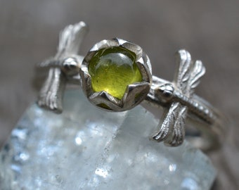 Silver Dragonfly Ring, 5mm Natural Green Vesuvianite Crystal, Recycled 925 Sterling Band, Artisan Made Nature Inspired Jewellery