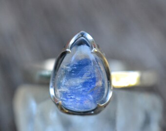 Rainbow Moonstone Ring, Natural 10x7mm Teardrop Crystal Cabochon, Simple Recycled 925 Sterling Silver Cocktail Jewellery