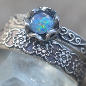 Opal Bridal Set, Gothic Swirl Engagement Ring, Crysanthemum Wildflower Wedding Band